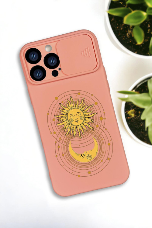 İphone 13 Pro Max Uyumlu Moon And Sun Desenli Kamera Koruma Slider Kapaklı Silikonlu Telefon Kılıfı