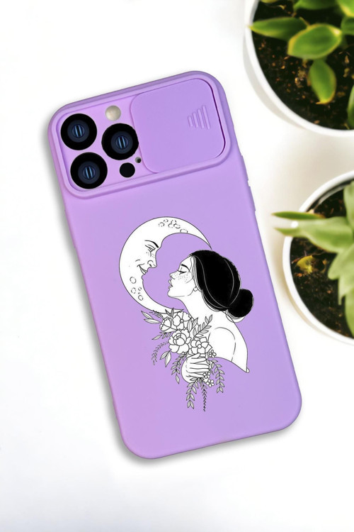 İphone 13 Pro Max Uyumlu Moon And Women Desenli Kamera Koruma Slider Kapaklı Silikonlu Telefon Kılıf