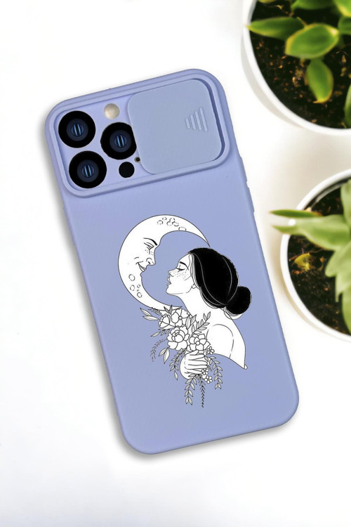 İphone 13 Pro Max Uyumlu Moon And Women Desenli Kamera Koruma Slider Kapaklı Silikonlu Telefon Kılıf