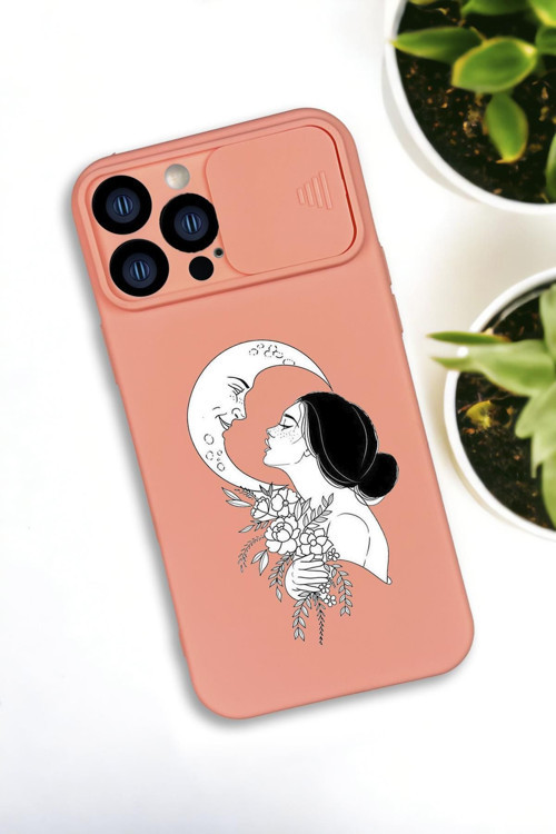 İphone 13 Pro Max Uyumlu Moon And Women Desenli Kamera Koruma Slider Kapaklı Silikonlu Telefon Kılıf