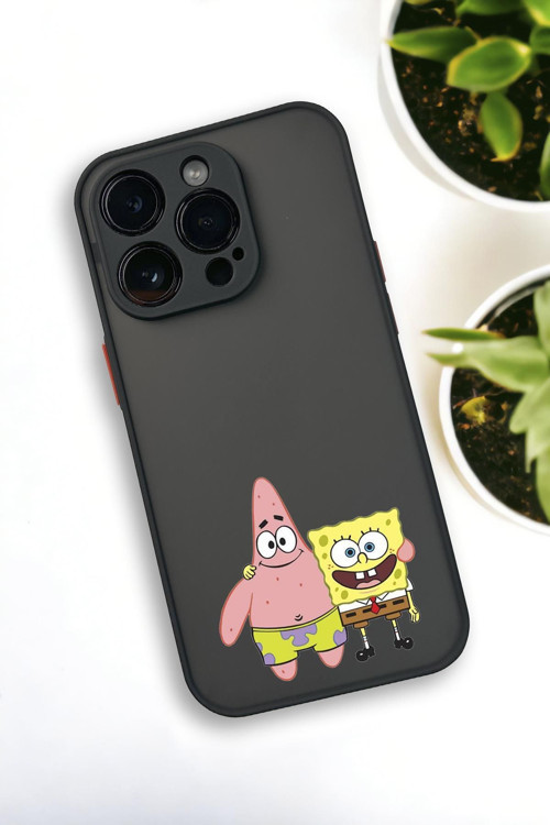 İphone 13 Pro Max Uyumlu Sünger Bob Ve Patrick Star Desenli Buzlu Şeffaf Lüx Telefon Kılıfı