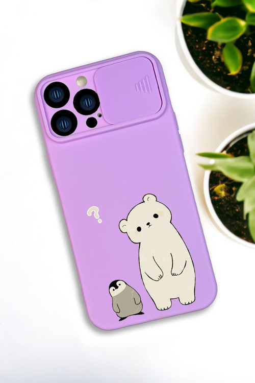 İphone 13 Pro Max Uyumlu Penguen Ve Ayıcık Desenli Kamera Koruma Slider Kapaklı Silikonlu Telefon Kı