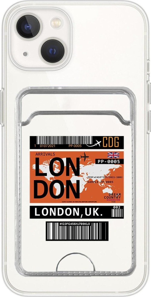 İphone 13 Uyumlu London Ticket Desenli Şeffaf Kamera Korumalı Ve Kartlıklı Telefon Kılıfı