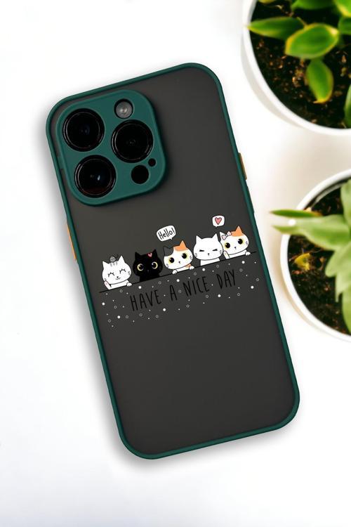 İphone 13 Pro Max Uyumlu Şirin Kedicikler Desenli Buzlu Şeffaf Lüx Telefon Kılıfı