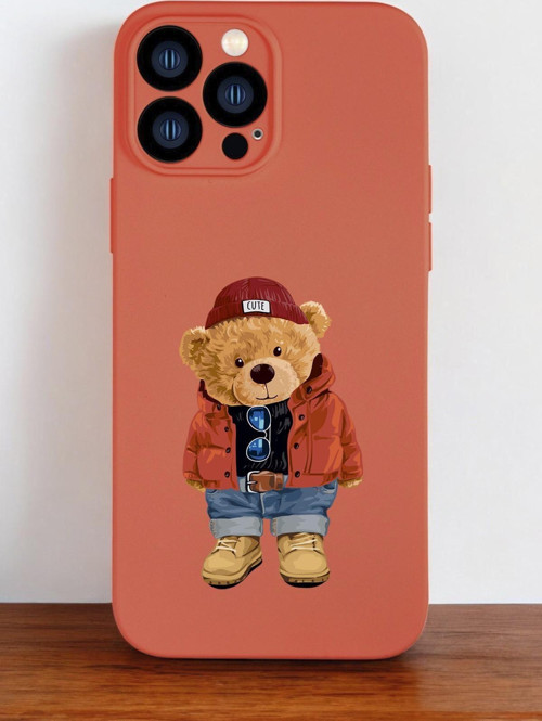 Turuncu Renkli İphone 13 Pro Max Uyumlu Teddy Bear Desenli Premium Silikonlu Telefon Kılıfı