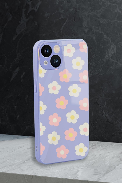 İphone 13 Uyumlu Minik Çiçekler Desenli Glossy Glass Kamera Korumalı Silikonlu Telefon Kılıfı