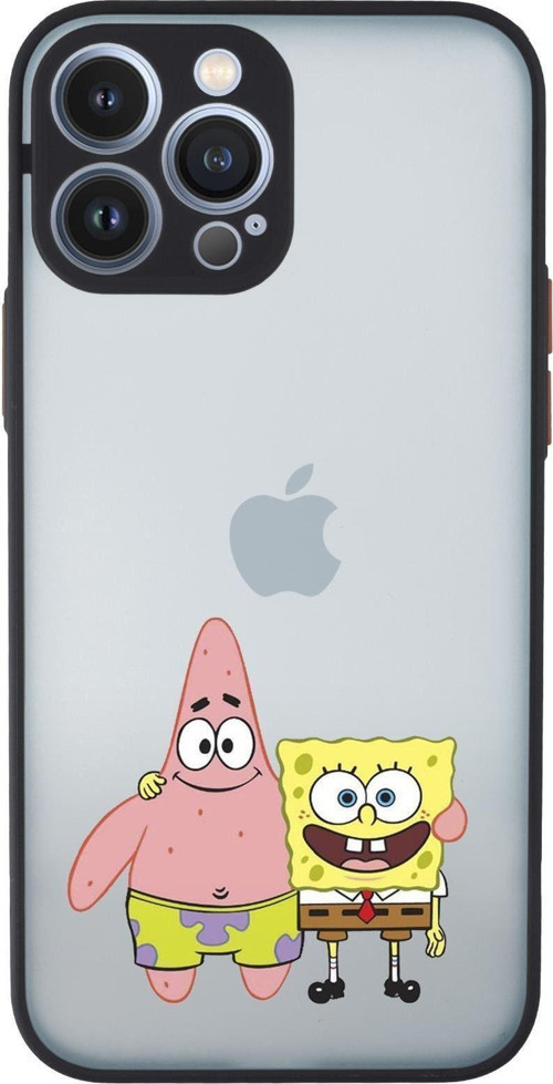 İphone 13 Pro Max Uyumlu Sünger Bob Ve Patrickstar Desenli Kamera Korumalı Buzlu Şeffaf Lüx Telefon