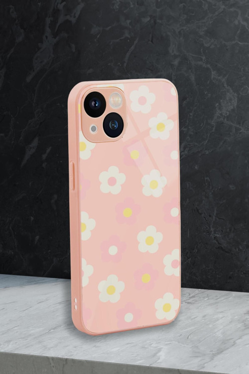 İphone 13 Uyumlu Minik Çiçekler Desenli Glossy Glass Kamera Korumalı Silikonlu Telefon Kılıfı