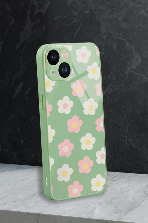 İphone 13 Uyumlu Minik Çiçekler Desenli Glossy Glass Kamera Korumalı Silikonlu Telefon Kılıfı