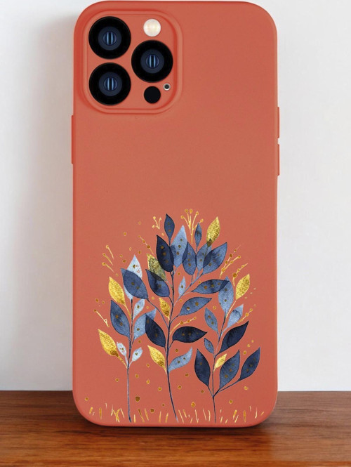 Turuncu Renkli İphone 13 Pro Max Uyumlu Mavi Yaprak Desenli Premium Silikonlu Telefon Kılıfı