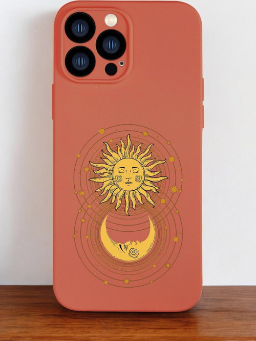 Turuncu Renkli İphone 13 Pro Max Uyumlu Moon And Sun Desenli Premium Silikonlu Telefon Kılıfı