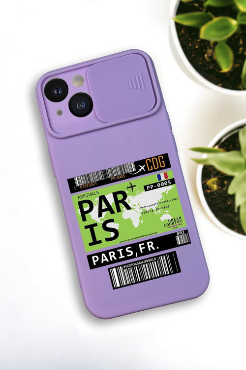 İphone 13 Uyumlu Paris Ticket Desenli Kamera Koruma Slider Kapaklı Silikonlu Telefon Kılıfı