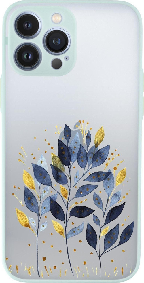 İphone 13 Pro Max Uyumlu Mavi Yaprak Desenli Kamera Korumalı Buzlu Şeffaf Lüx Telefon Kılıfı