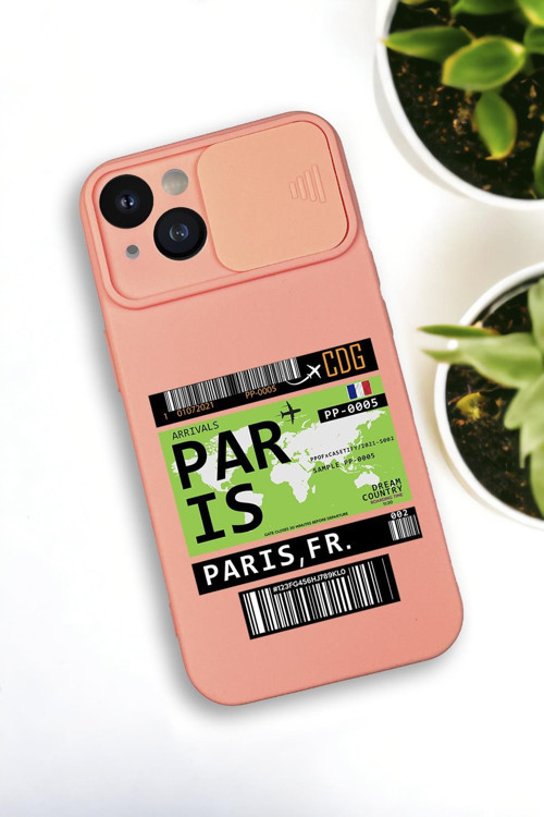 İphone 13 Uyumlu Paris Ticket Desenli Kamera Koruma Slider Kapaklı Silikonlu Telefon Kılıfı