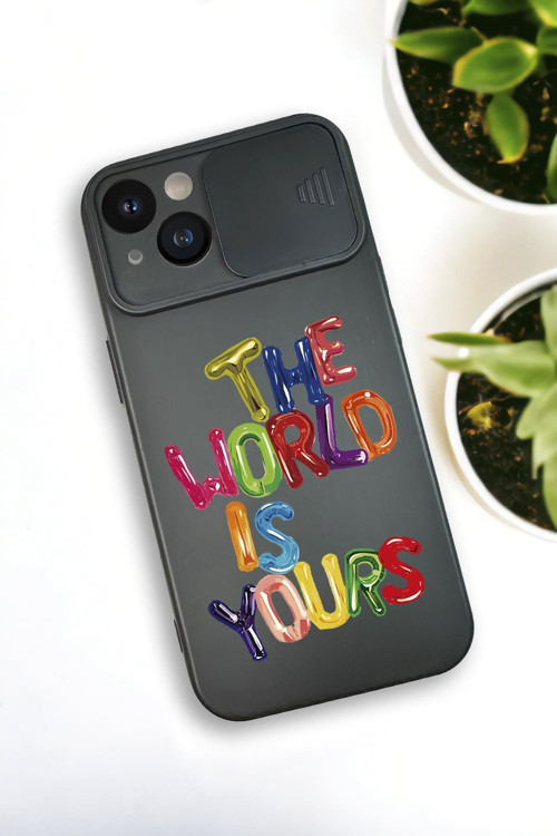 İphone 13 Uyumlu The World Desenli Kamera Koruma Slider Kapaklı Silikonlu Telefon Kılıfı