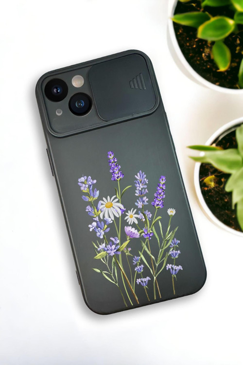 İphone 13 Uyumlu Lavender Desenli Kamera Koruma Slider Kapaklı Silikonlu Telefon Kılıfı