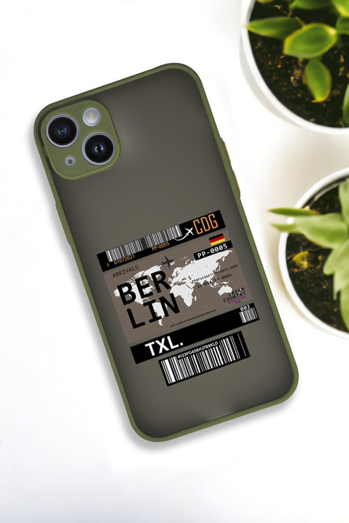 İphone 13 Uyumlu Berlin Ticket Desenli Buzlu Şeffaf Lüx Telefon Kılıfı