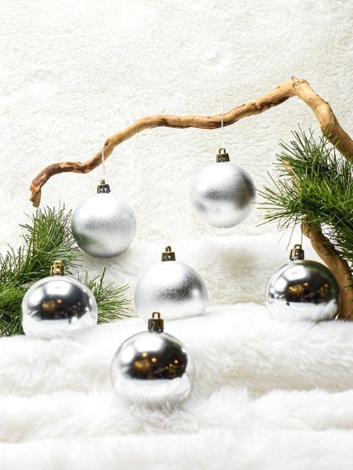 6 Cm 6Lı Gümüş Cici Top (3 Parlak-3 Metalize) Yılbaşı Ağacı Süs