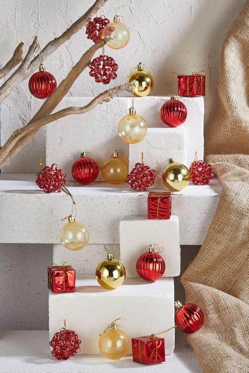 Premium Collection 24Lü Luxury Kutulu Yılbaşı Süs Seti Kırmızı-Gold 5 Cm