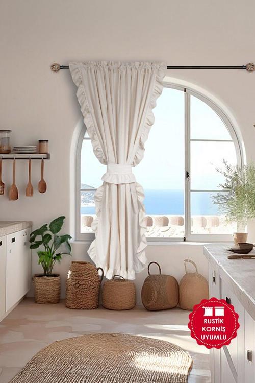 Fırfırlı Keten Perde Tek Kanat Romantik Volanlı Bağlamalı