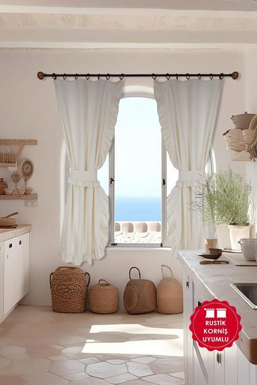 Naturel Pamuk Keten Dikey Fırfırlı Perde Vintage Çift Kanat