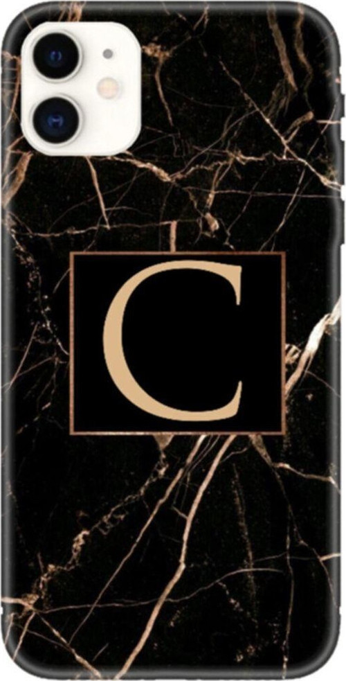 Iphone 11 Siyah Mermer Desen C Harfli Telefon Kılıfı