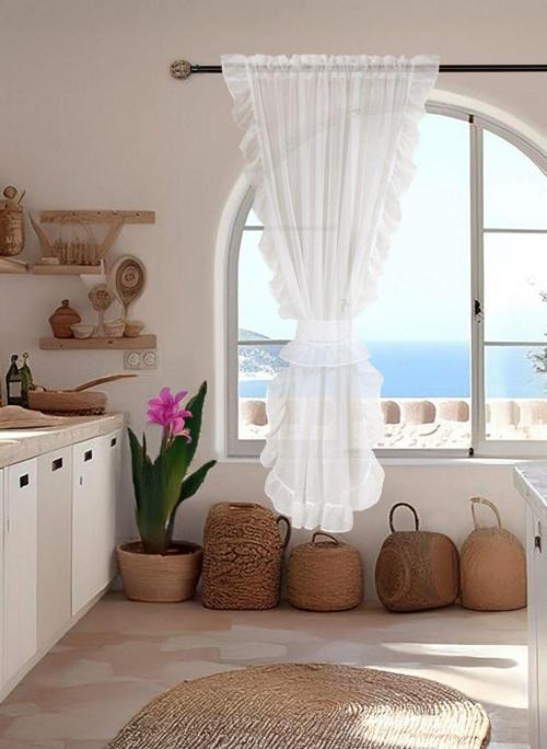 Fırfırlı Keten Tül Perde Tek Kanat Romantik Volanlı Bağlamalı