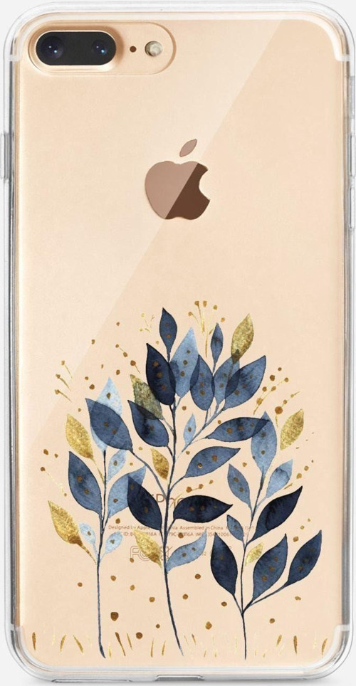 İphone 7 Plus Mavi Yaprak Desenli Şeffaf Silikonlu Kılıf