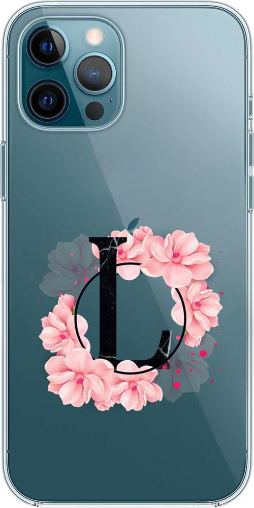 Iphone 12 Pro Pembe Çiçek Desen L Harfli Premium Şeffaf Telefon Kılıfı