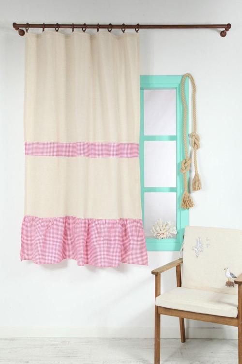 Naturel Perde Kornişli Vintage Pembe