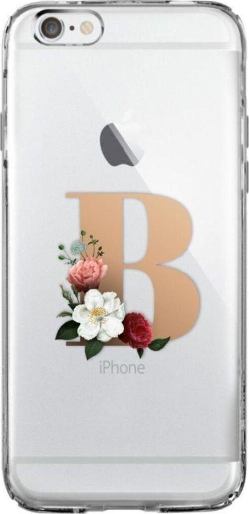 İphone 6 Plus / 6S Plus Şeffaf Kılıf Gold Renkli Çiçekli B Harfli Desenli