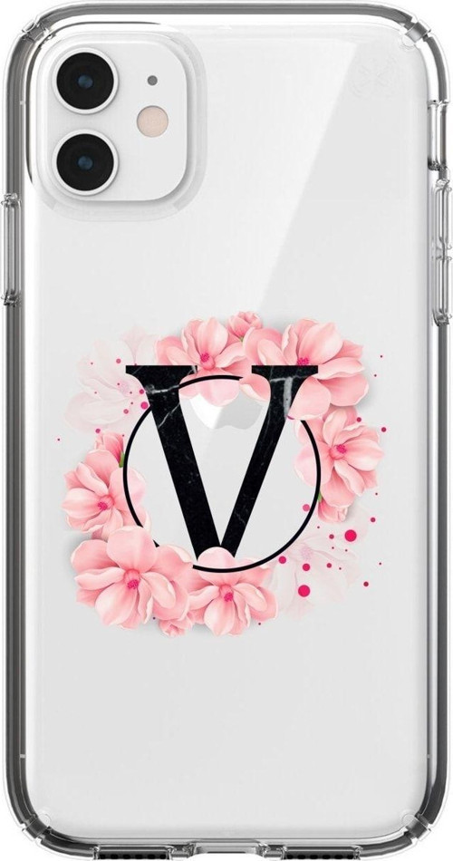Iphone 11 Pembe Uyumlu Çiçek Desen V Harfli Şeffaf Kılıf