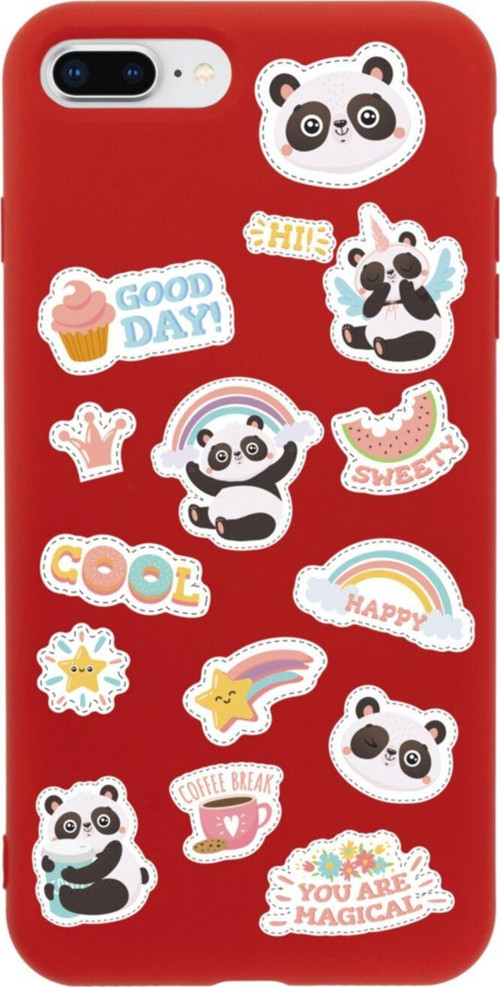 İphone 8 Plus Sticker Panda Tasarımlı Kırmızı Telefon Kılıfı