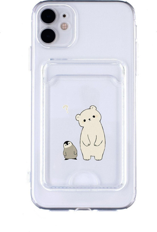 Iphone 11 Uyumlu Penguen Ayıcık Desenli Şeffaf Kamera Korumalı Ve Kartlıklı Telefon Kılıfı