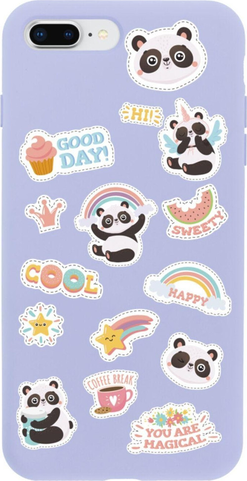 İphone 8 Plus Sticker Panda Tasarımlı Lila Telefon Kılıfı