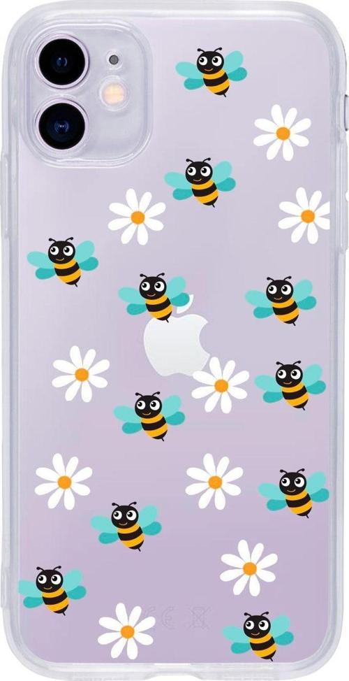 Iphone 11 Bee Etiket Desenli Şeffaf Telefon Kılıfı