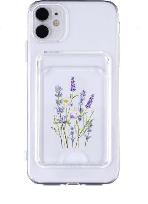 İphone 12 Uyumlu Lavender Desenli Şeffaf Kamera Korumalı Ve Kartlıklı Telefon Kılıfı