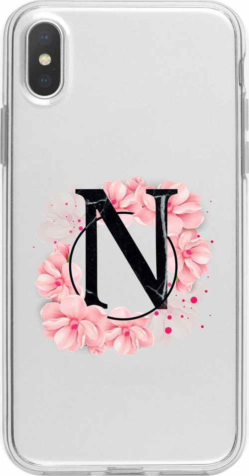İphone Xs Max Uyumlu Pembe Çiçek Desen N Harfli Şeffaf Kılıf
