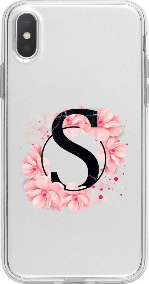 İphone Xs Max Uyumlu Pembe Çiçek Desen S Harfli Şeffaf Kılıf