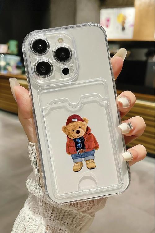 İphone 14 Pro Uyumlu Teddy Bear Desenli Şeffaf Kamera Korumalı Ve Kartlıklı Telefon Kılıfı