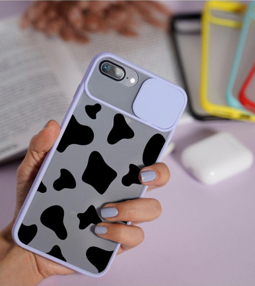 İphone 8 Plus Inek Desenli Kamera Korumalı Lila Telefon Kılıfı