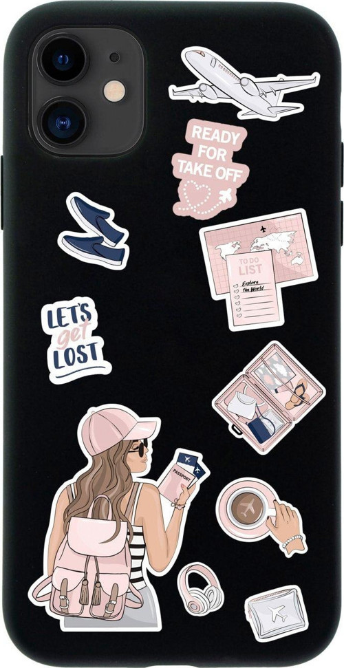 İphone 12 Pink Travel Tasarımlı Siyah Telefon Kılıfı