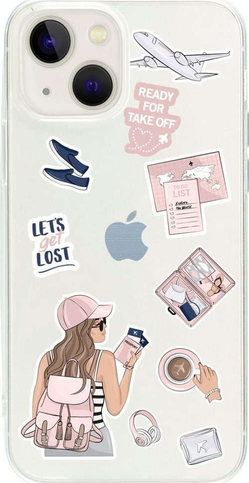 İphone 15 Pink Travel Desenli Şeffaf Telefon Kılıfı