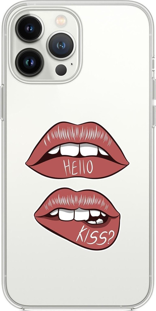 İphone 14 Pro Uyumlu Hello Kiss Desenli Şeffaf Silikonlu Telefon Kılıfı