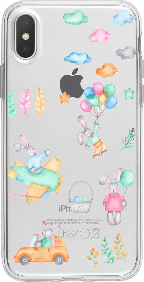 İphone Xs Max Uçan Tavşanlar Desenli Şeffaf Telefon Kılıfı