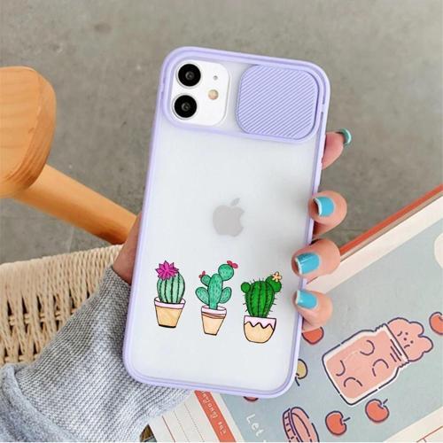 Iphone 11 Kaktüs Desenli Kamera Korumalı Lila Telefon Kılıfı