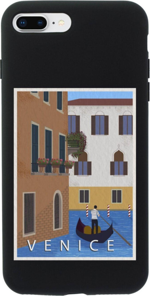İphone 7 Plus Uyumlu Venice Gondola Tasarımlı Siyah Telefon Kılıfı