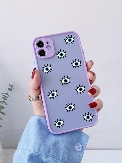 İphone 12 Uyumlu Lila Kamera Lens Korumalı Nazar Gözler Desenli Lüx Telefon Kılıfı