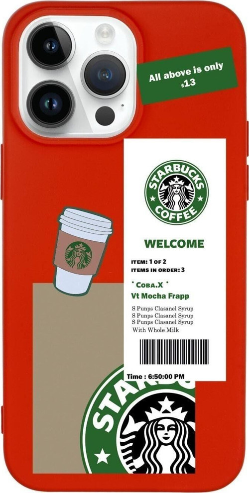 İphone 14 Pro Max Kahve Sticker Desenli Lansman Kırmızı Telefon Kılıfı