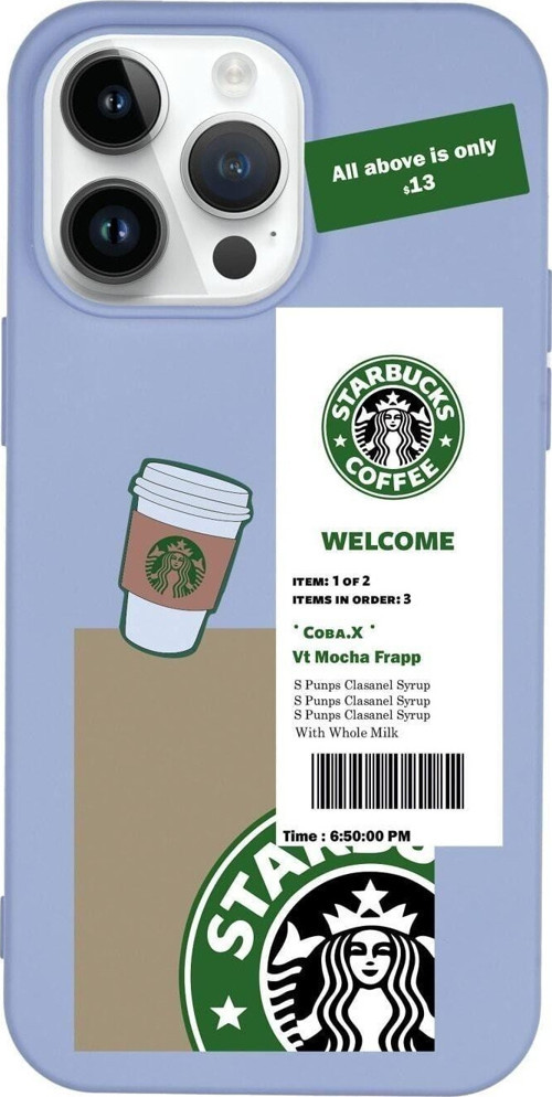 İphone 14 Pro Max Kahve Sticker Desenli Lansman Lila Telefon Kılıfı